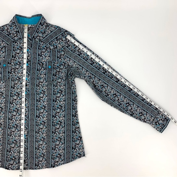 Cruel Black and Teal Floral Paisley Snap Closure Western Rodeo Shirt, Large - Picture 14 of 16